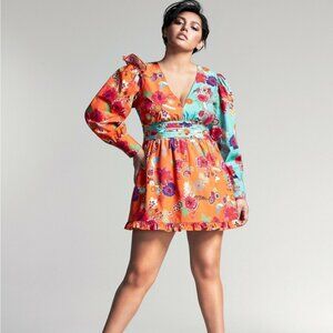 Misa Hylton for INC Colorfull Ruffle Deep VNeck Long Sleeve Mini Dress sz M